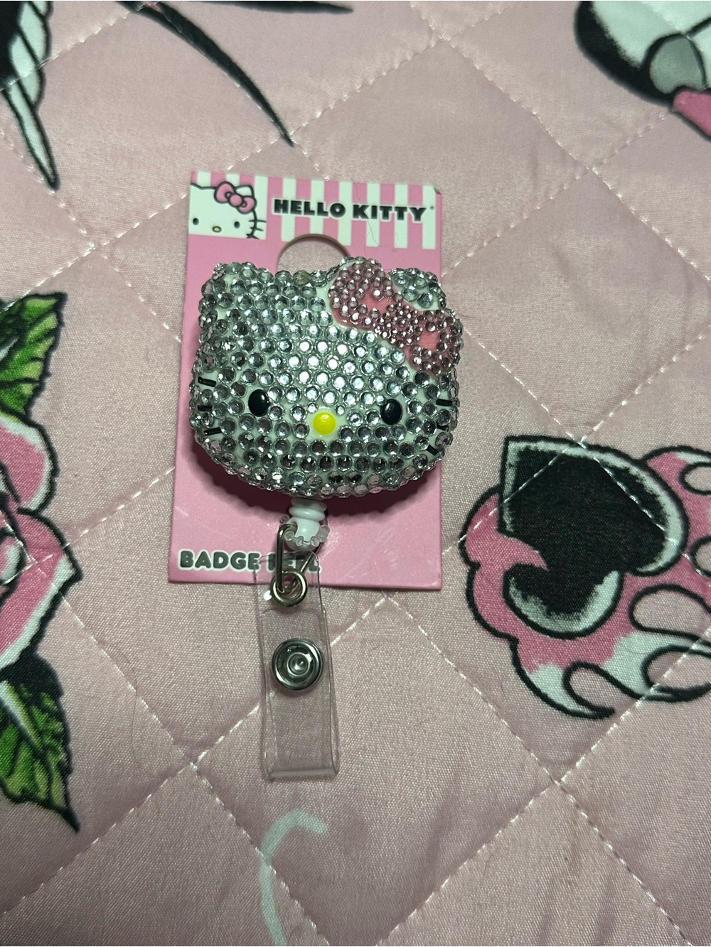 Hello Kitty Silver and Pink Crystal Badge Reel